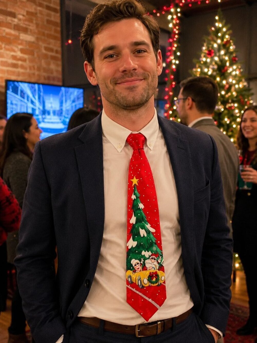 Hallmark Yule Tie Greetings Silk Tie Santa Mrs. Claus Car Christmas Xmas Party